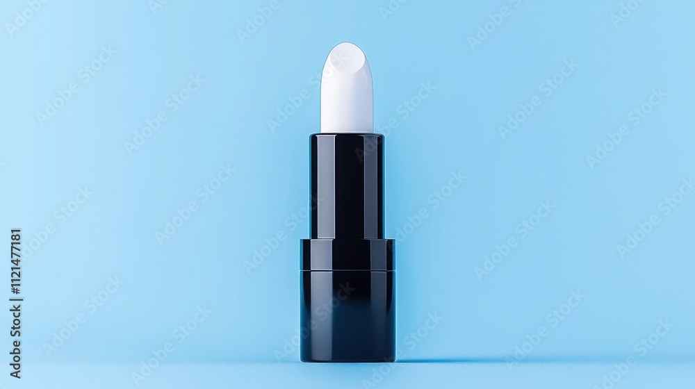 A sleek black lipstick tube with a white tip on a blue background. A sleek black lipstick tube with a white tip on a blue background.