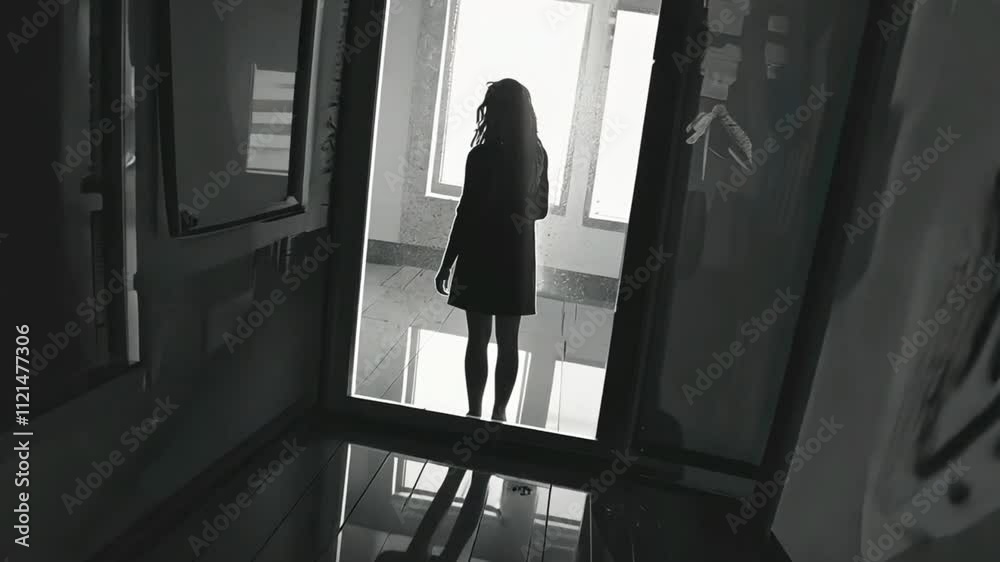 A silhouetted girl stands at the far end of a dimly lit hallway, looking into the unknown. A silhouetted girl stands at the far end of a dimly lit hallway, looking into the unknown.