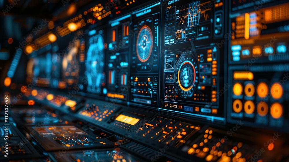 High-tech control room featuring an array of vibrant displays and intricate interfaces for monitoring systems. Generative AI High-tech control room featuring an array of vibrant displays and intricate interfaces for monitoring systems. Generative AI