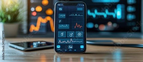 A smartphone on a wooden table displays a user interface with charts and data. In the blurred background, a computer monitor displays similar charts and data.