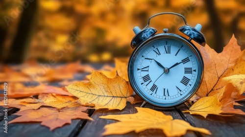 Maple leaves on the wooden board and an alarm clock photo