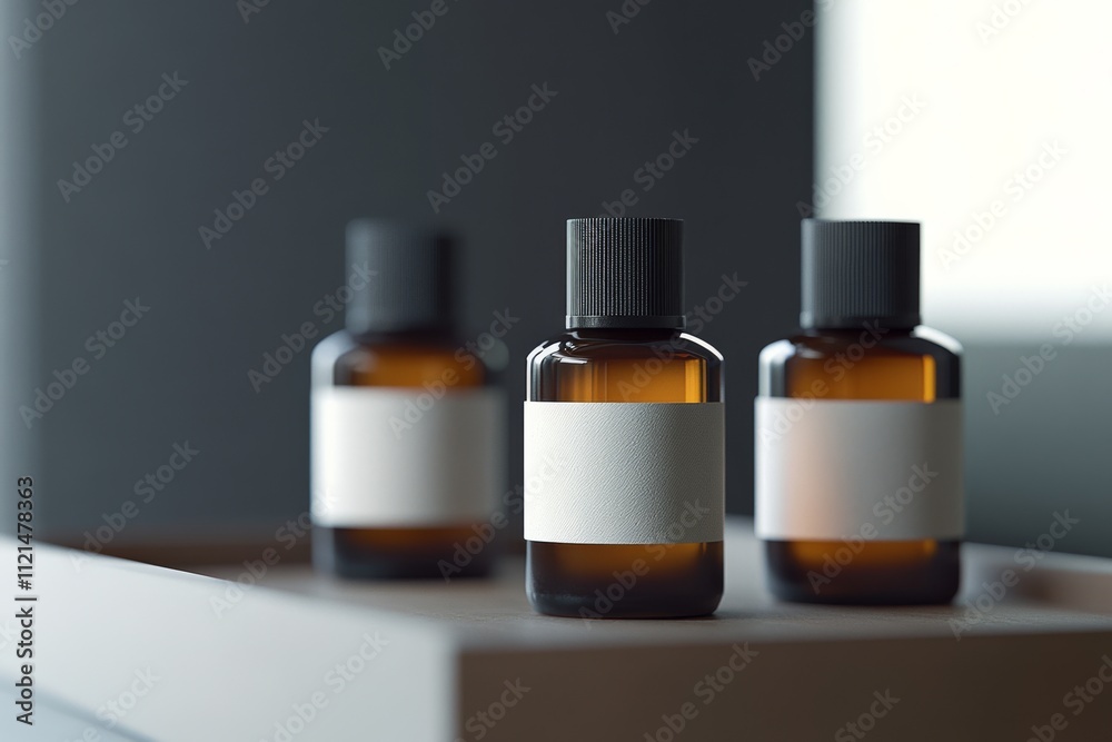 Three amber glass bottles with blank labels, strategically arranged on a wooden surface, suggest purity and minimalism. Three amber glass bottles with blank labels, strategically arranged on a wooden surface, suggest purity and minimalism.