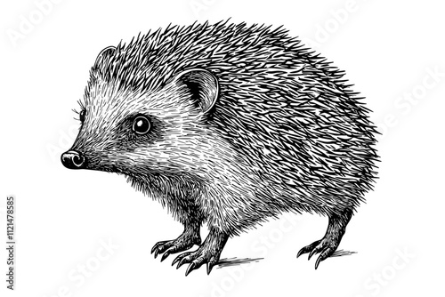 Black sketch of a hedgehog, animal print, vintage art, hand-drawn engraving style, trendy illustration, white background photo