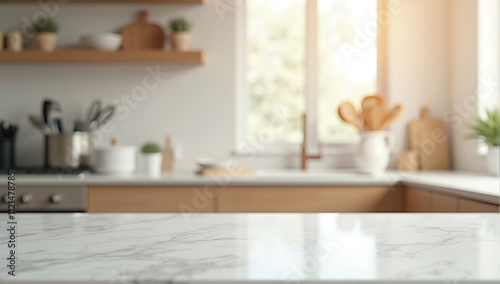 Selective focus,Marble table top on blur white kitchen room background. marble countertop in foreground, soft focus, pastel colors, minimalist design