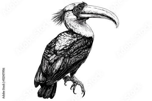 Black sketch effect hornbill, vintage art illustration, wildlife, rodent, aquatic animal, vector, print design, antique style, nature art, hand-drawn sketch