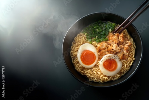 Delicious ramen bowl with tender chicken and soft-boiled eggs garnished with scallions in a dark setting photo