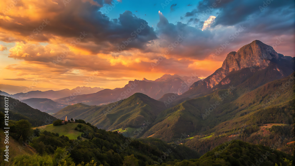 Obraz premium Green and brown mountains under a cloudy sky during sunset
