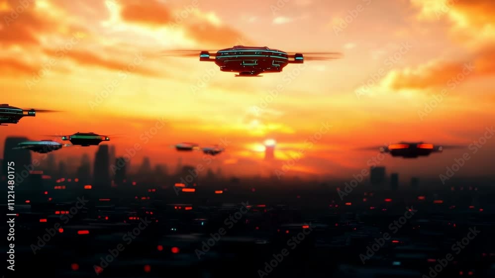 A futuristic cityscape glowing and AI-powered drones flying in synchronization. A futuristic cityscape glowing and AI-powered drones flying in synchronization.