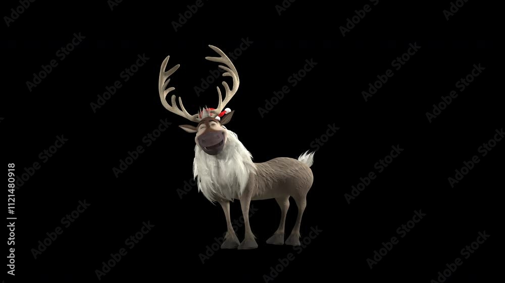 3D Animated Reindeer In Christmas Hat Dancing Happily Swinging Its Back With Closed Eyes Transparent Background. 3D Animated Reindeer In Christmas Hat Dancing Happily Swinging Its Back With Closed Eyes Transparent Background.