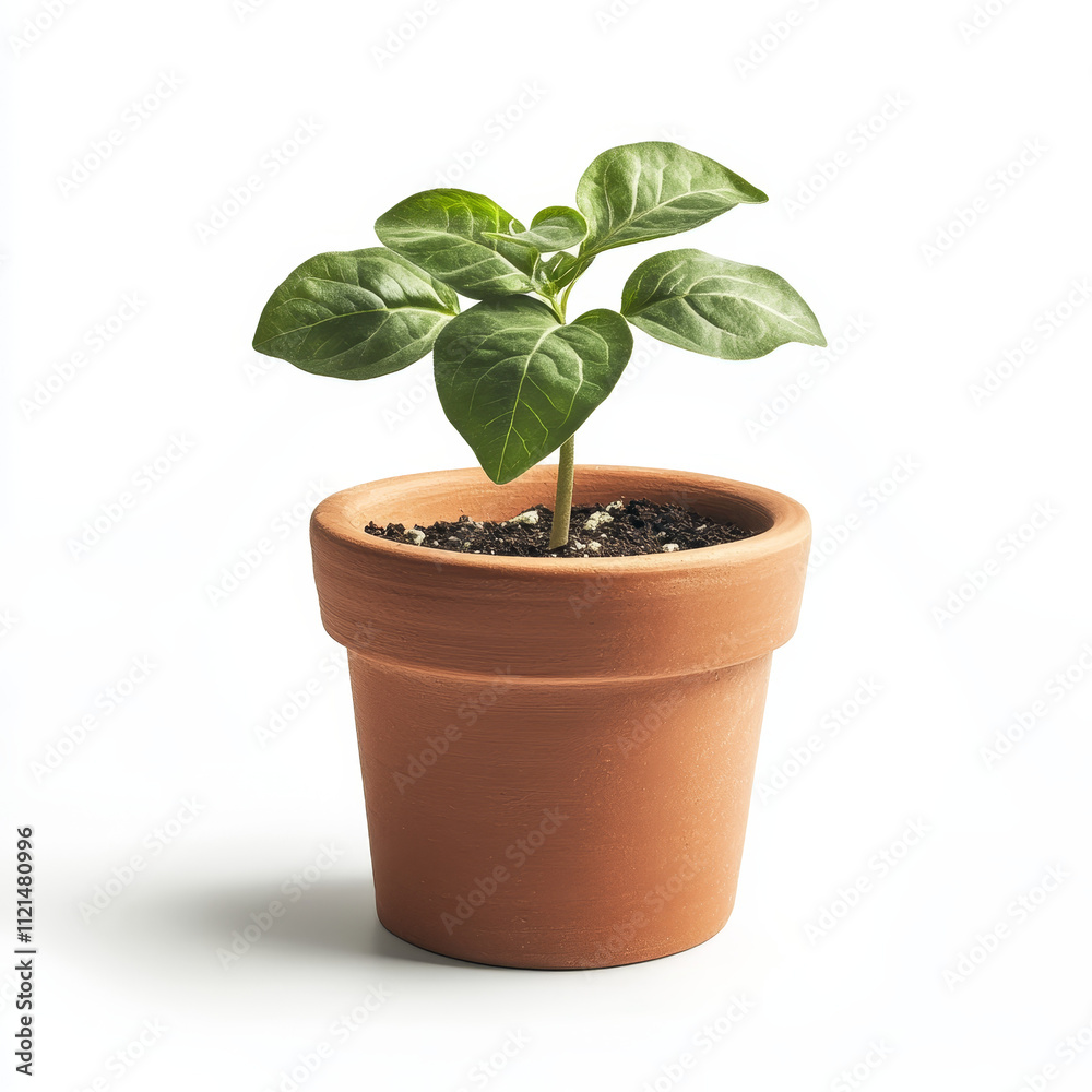 Single Green Plant in Terracotta Pot with Bright White Background Single Green Plant in Terracotta Pot with Bright White Background