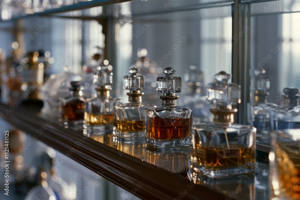Elegant perfumes in crystal bottles are artistically displayed on a mirrored shelf, shimmering with light and luxury. Elegant perfumes in crystal bottles are artistically displayed on a mirrored shelf, shimmering with light and luxury.