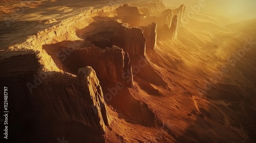 Sunset Over Utah's Monument Valley: Iconic Sandstone Formations & Rust-Colored Desert, Textural Complexity with Warm Filters in National Geographic Style. photo