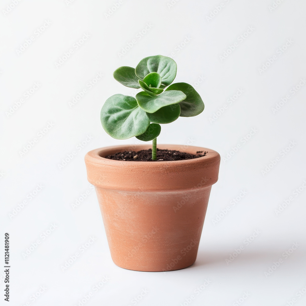 Fototapeta premium Small Potted Plant with Green Leaves in Terracotta Pot