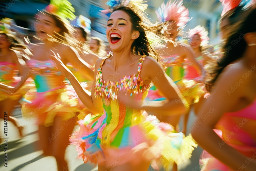 A joyful woman in a vibrant costume leads a lively parade, her infectious smile and dynamic energy inspiring those around her in this festive street scene. A joyful woman in a vibrant costume leads a lively parade, her infectious smile and dynamic energy inspiring those around her in this festive street scene.