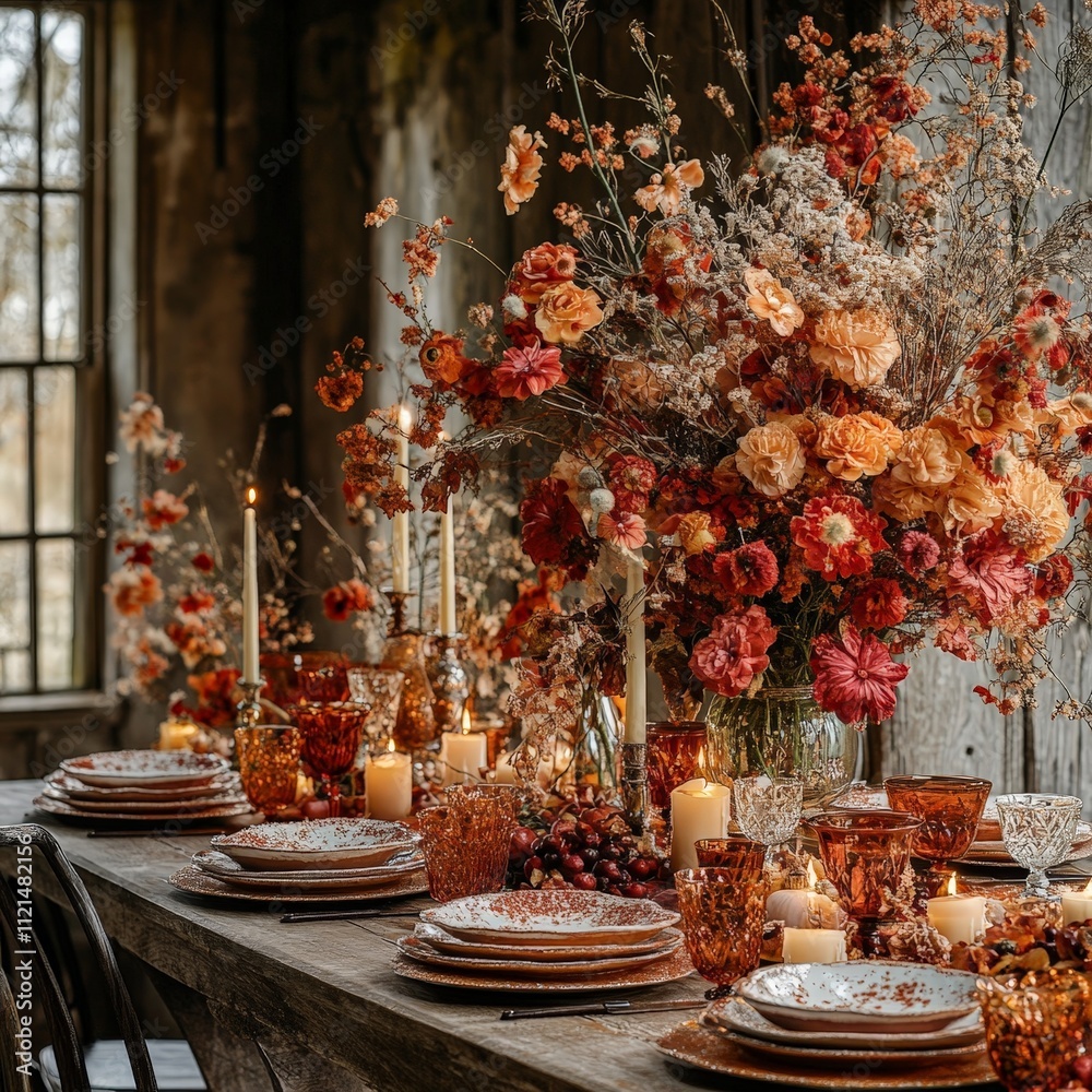 Autumn Dining Table Decorated with Candles and Leaves Autumn Dining Table Decorated with Candles and Leaves