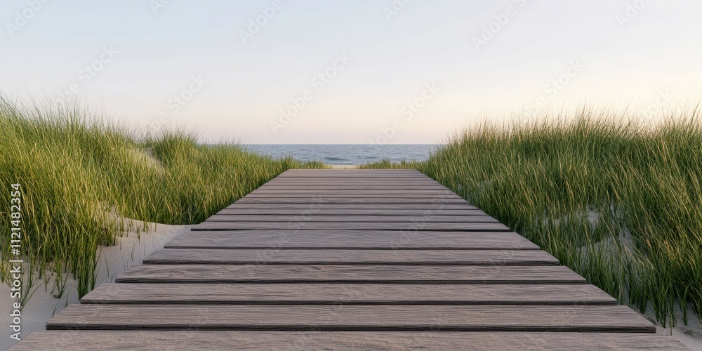 Fototapeta premium Walking pathway leads to serene beach at sunset time