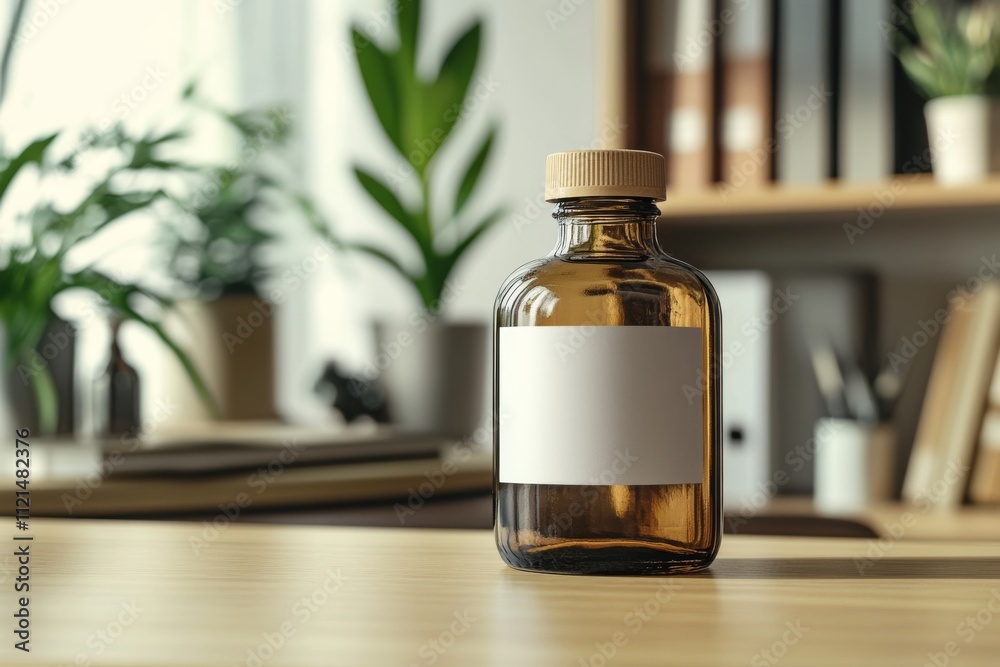 A minimalistic brown bottle with a white label sits gracefully in a light-filled office space, among books and greenery. A minimalistic brown bottle with a white label sits gracefully in a light-filled office space, among books and greenery.