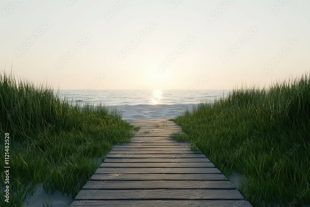 Obraz premium Pathway through grass leading to serene beach at sunset