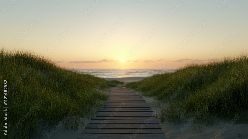 Naklejka premium Pathway through grass leading to the ocean at sunset