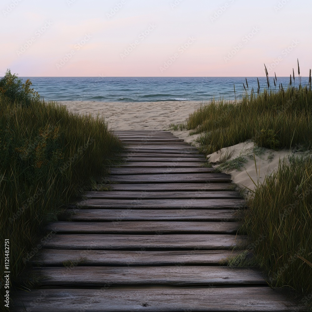 Serenity of a wooden pathway leading to the tranquil beach Serenity of a wooden pathway leading to the tranquil beach