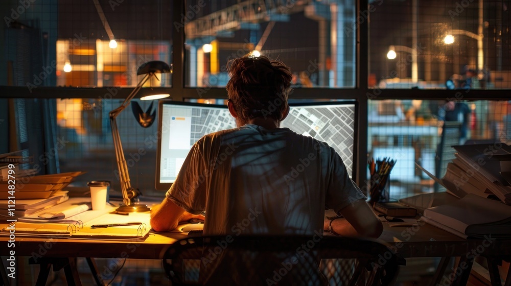 An architect working on a challenging project in a construction site office, lit by mining lights, An architect working on a challenging project in a construction site office, lit by mining lights,