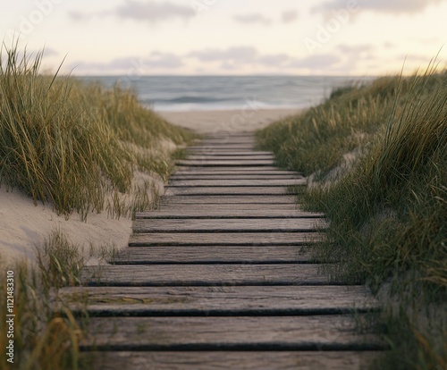 Wooden pathway leads to the serene beach at sunset