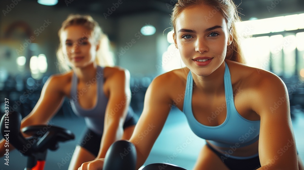 A young woman riding a spinning bike in the gym A young woman riding a spinning bike in the gym
