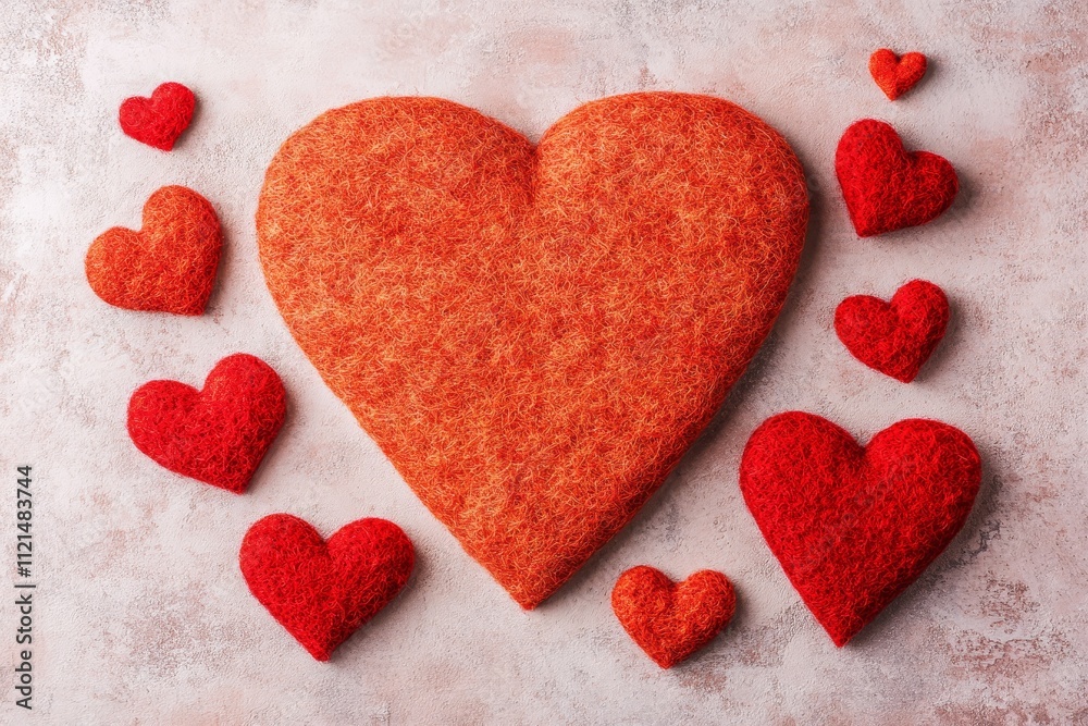 Obraz premium Colorful Felt Hearts on a Soft Surface Creating a Romantic and Warm Atmosphere for Valentine's Day or Love-themed Celebrations