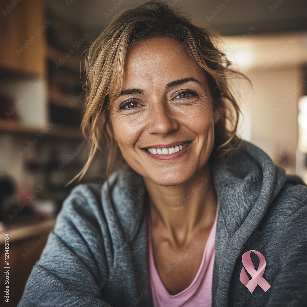 Smiling woman with pink ribbon in cozy home setting Smiling woman with pink ribbon in cozy home setting
