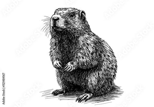 Hand-drawn marmot in vintage art, black sketch effect, trendy animal print, old engraving style, white background illustration. photo