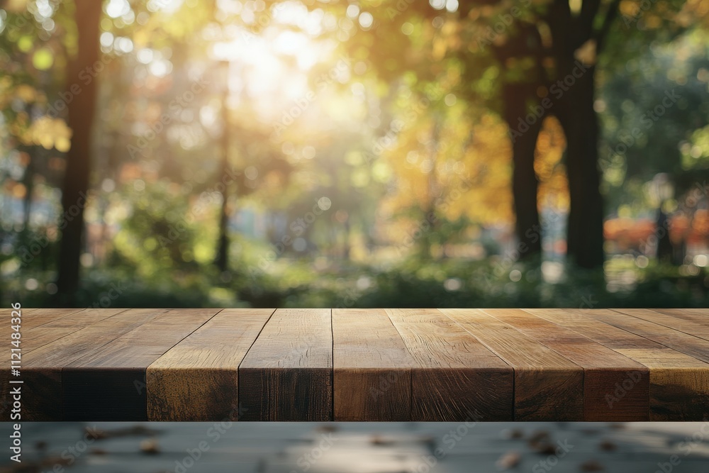 Wooden table in a serene outdoor park during sunset Wooden table in a serene outdoor park during sunset