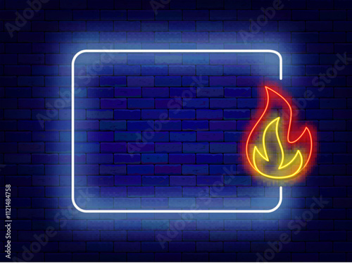 Barbecue party neon greeting card. Grill bar. Hot deal. Special offer. Empty white frame. Vector stock illustration