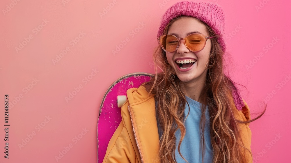 Trendy girl laughing happily with skateboard on pink background, AI generated image Trendy girl laughing happily with skateboard on pink background, AI generated image