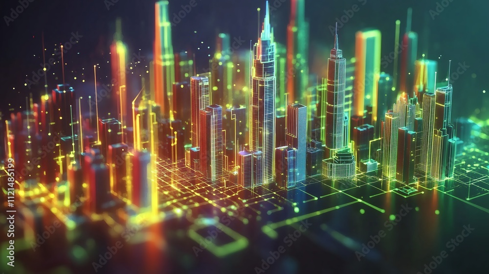 A vibrant digital cityscape with glowing skyscrapers and interconnected data points.