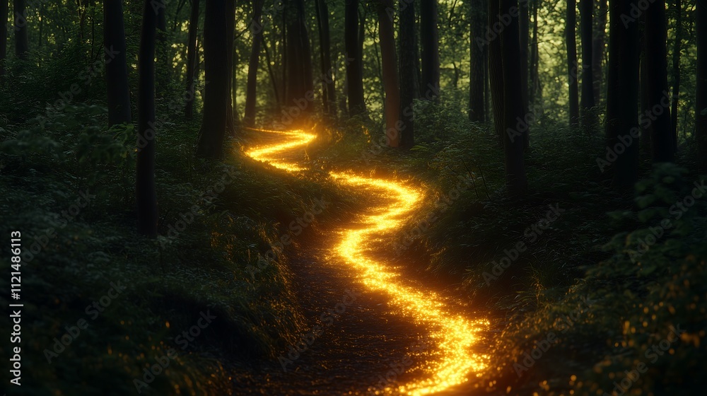 A glowing trail meanders through a lush forest, creating a mystical atmosphere in nature. A glowing trail meanders through a lush forest, creating a mystical atmosphere in nature.