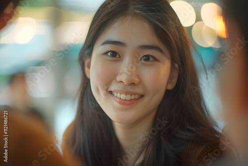 Young woman smiling in a cozy cafe