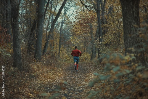 A solitary runner in a red jacket traverses a leaf-strewn forest path, echoing solitude and the vibrant serenity of an autumnal escape.