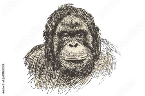 Animal art hand-drawn orangutan, trendy wildlife illustration, black sketch effect, old engraving style, vintage home decor, nature art, artistic wall decor. photo