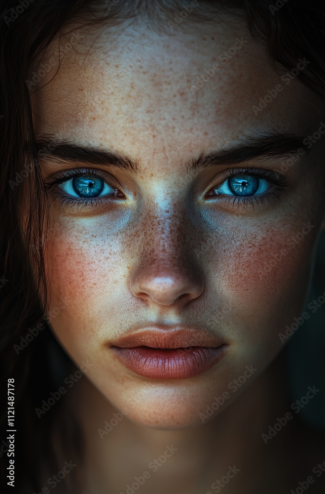 Close-up portrait of young caucasian female with freckles and blue eyes Close-up portrait of young caucasian female with freckles and blue eyes