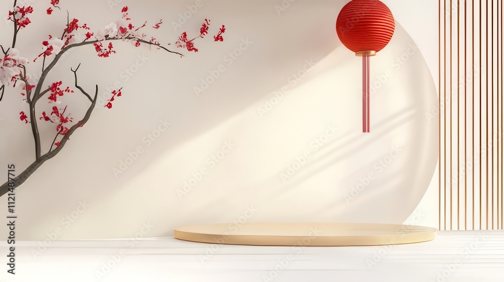 Minimalist wooden platform with red lantern and blossoming branch. Minimalist wooden platform with red lantern and blossoming branch.