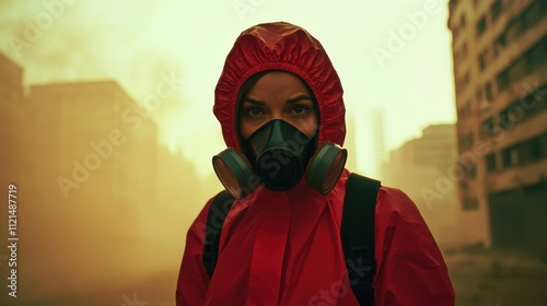 Crumbling city, amidst the pale yellow mist, a woman wearing a red hazmat suit turns her head to look at the camera