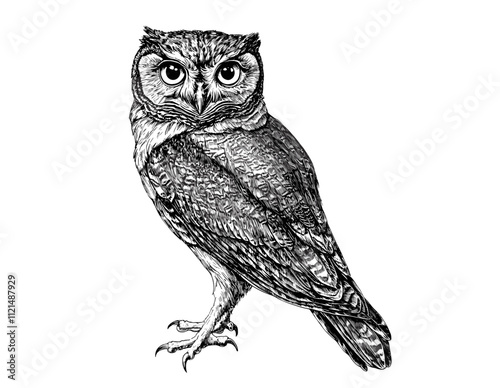 Vintage animal art, hand-drawn owl in old engraving style, black sketch effect, wildlife illustration, trendy wall decor, white background, rustic artwork, classic design. photo