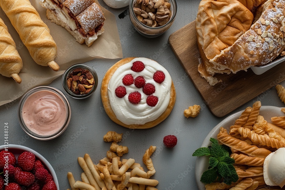Assorted desserts and snacks displayed on a gray surface with fresh raspberries and creamy toppings Assorted desserts and snacks displayed on a gray surface with fresh raspberries and creamy toppings