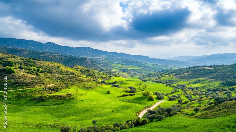 Serene nature landscape rolling hills scenic view lush green environment panoramic perspective for relaxation and inspiration Serene nature landscape rolling hills scenic view lush green environment panoramic perspective for relaxation and inspiration