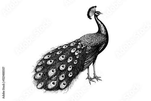 Hand-drawn peacock, black sketch effect, vintage illustration, wildlife print, trendy design, bird art, old engraving style, white background. photo