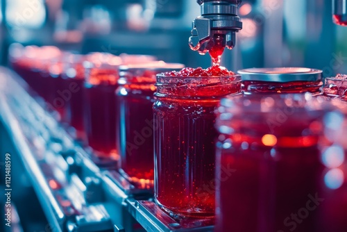 Vibrant red jam fills glass jars on a production line, captured in vibrant detail, showcasing the sweet, rich texture and gleaming surface of the preserve.