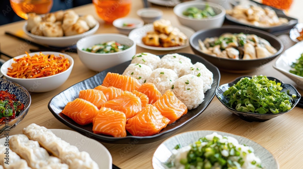 Fresh Sushi and Sashimi Platter on Dining Table Fresh Sushi and Sashimi Platter on Dining Table