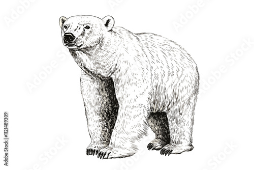 Arctic wildlife polar bear illustration in vintage engraving style, black sketch effect on white, antique predator vector art for print design.