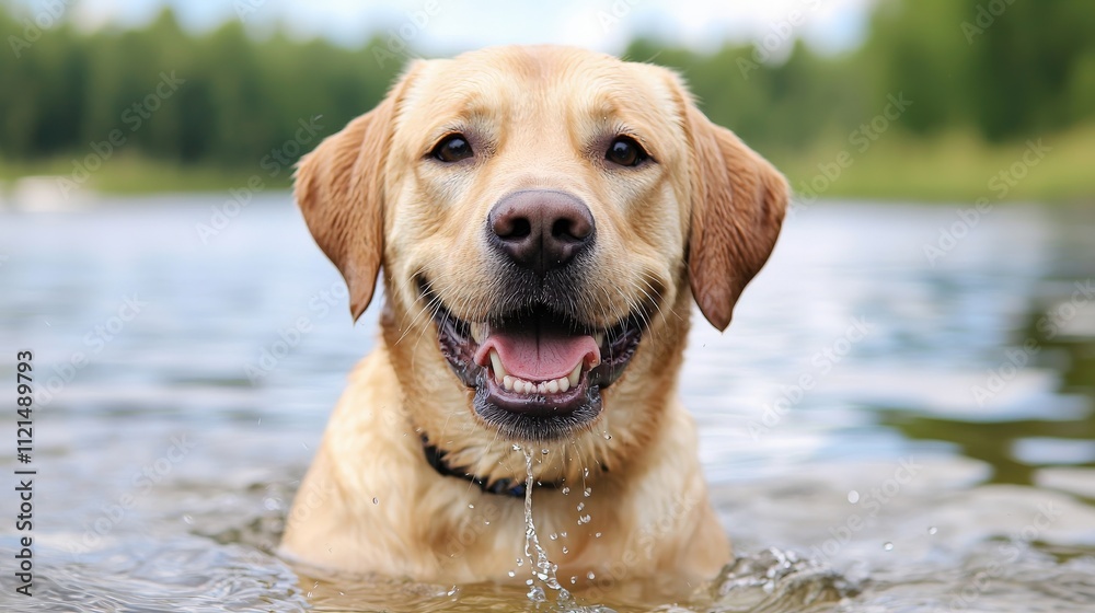 A happy Labrador retriever swimming in a calm lake, exuding joy and playfulness against a serene, natural backdrop. A happy Labrador retriever swimming in a calm lake, exuding joy and playfulness against a serene, natural backdrop.