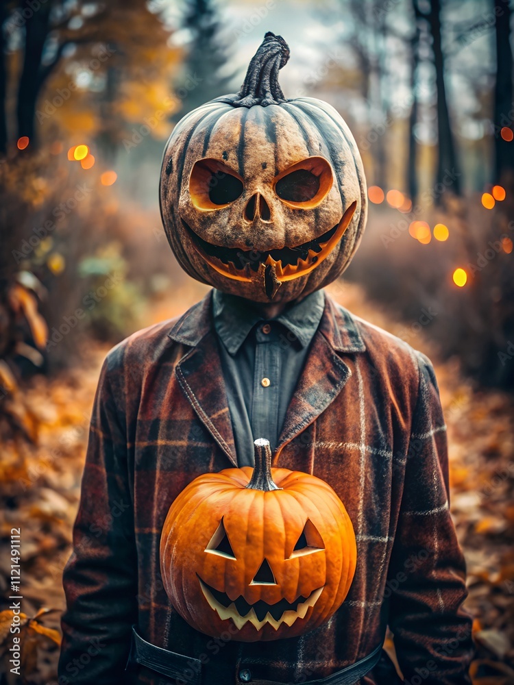 Naklejka premium Mysterious figure wearing a carved pumpkin head stands in a foggy forest with glowing lights during autumn